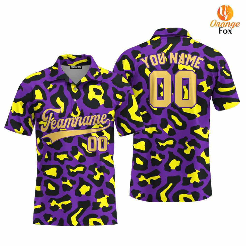 Custom Violet Leopard Pattern Yellow Purple Custom Polo Shirt For Men