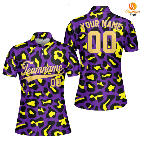 Custom Violet Leopard Pattern Yellow Purple Custom Polo Shirt For Women