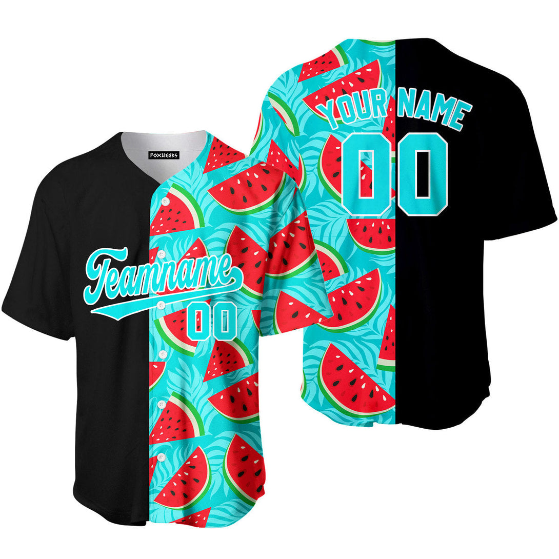 Custom Black Aqua-White Split Fashion Watermelon Baseball Jersey