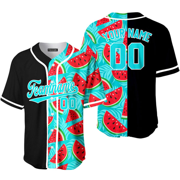 Custom Black Aqua-White Split Fashion Watermelon Baseball Jersey