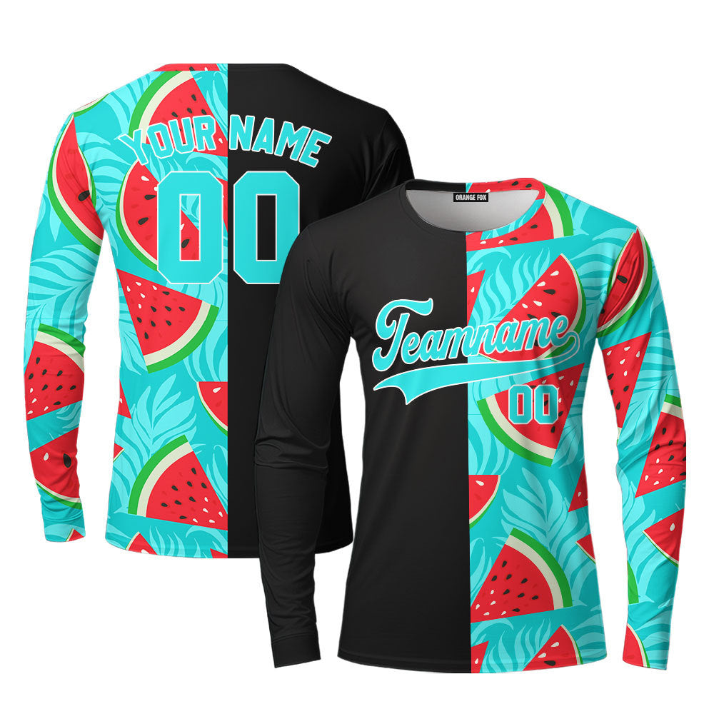 Custom Watermelon Black Aqua-White Split Fashion Custom Long Sleeve T-Shirt For Men & Women