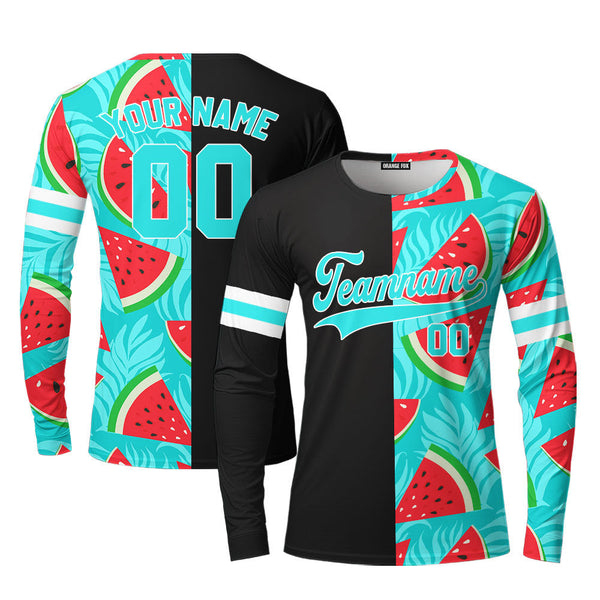 Custom Watermelon Black Aqua-White Split Fashion Custom Long Sleeve T-Shirt For Men & Women