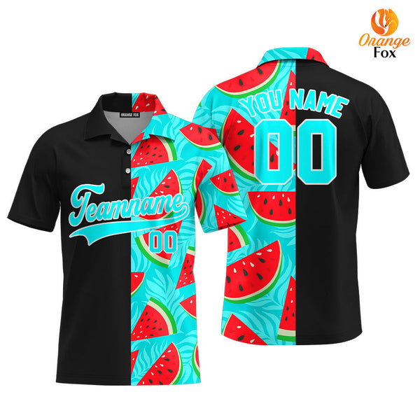 Custom Watermelon Black Aqua-White Split Fashion Custom Polo Shirt For Men