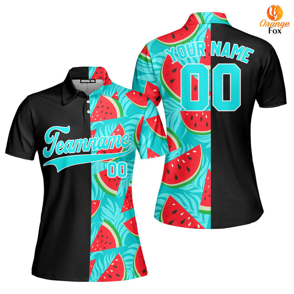 Custom Watermelon Black Aqua-White Split Fashion Custom Polo Shirt For Women