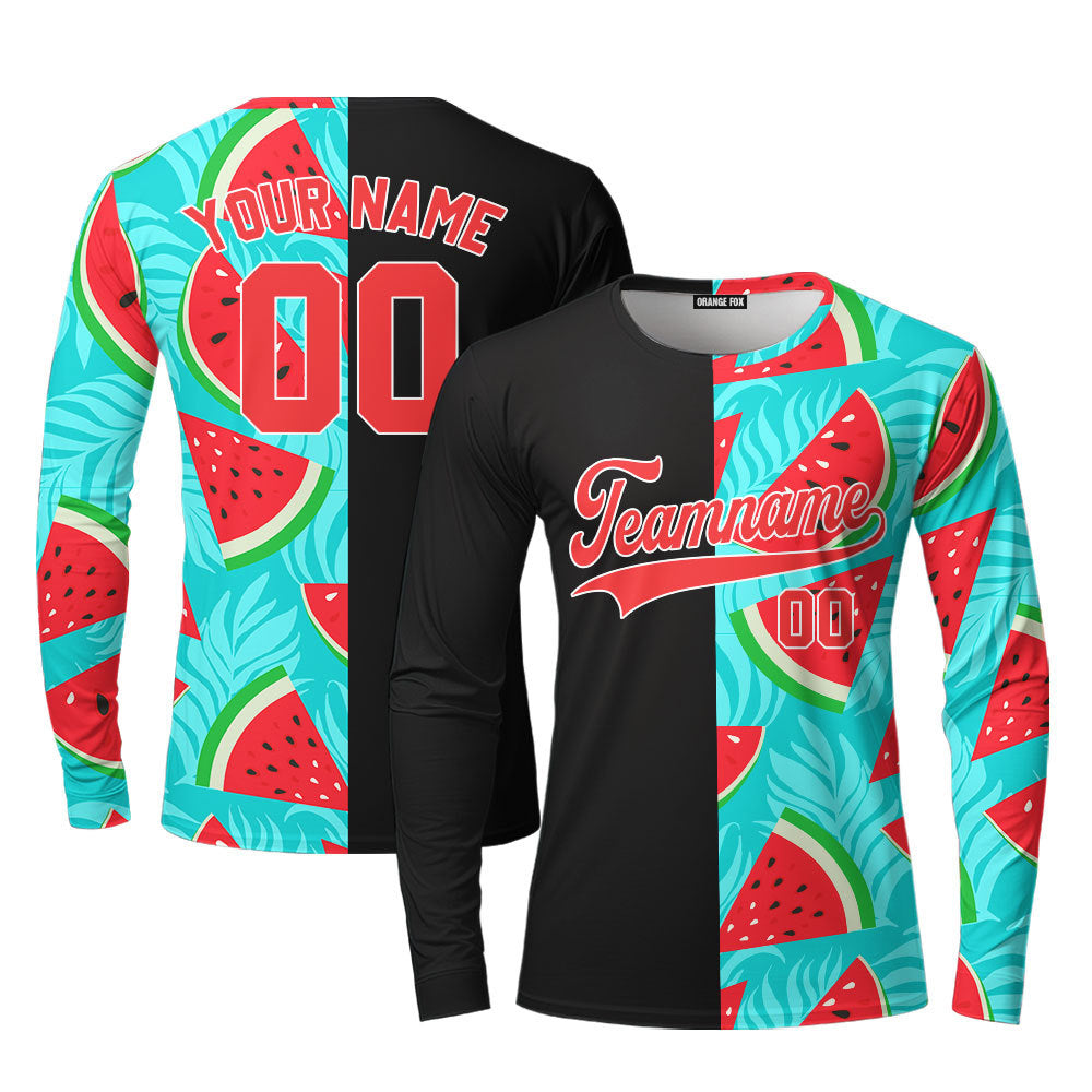 Custom Watermelon Black Red-White Split Fashion Custom Long Sleeve T-Shirt For Men & Women