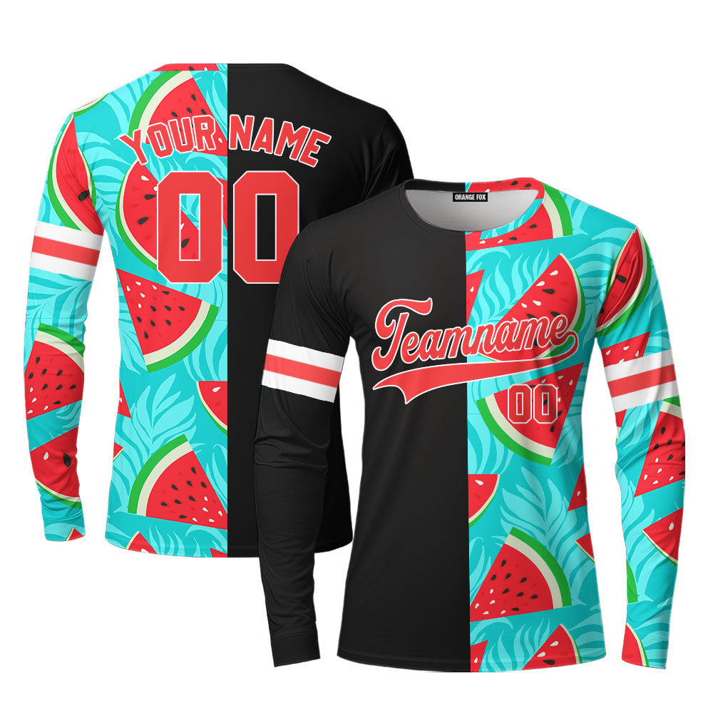 Custom Watermelon Black Red-White Split Fashion Custom Long Sleeve T-Shirt For Men & Women