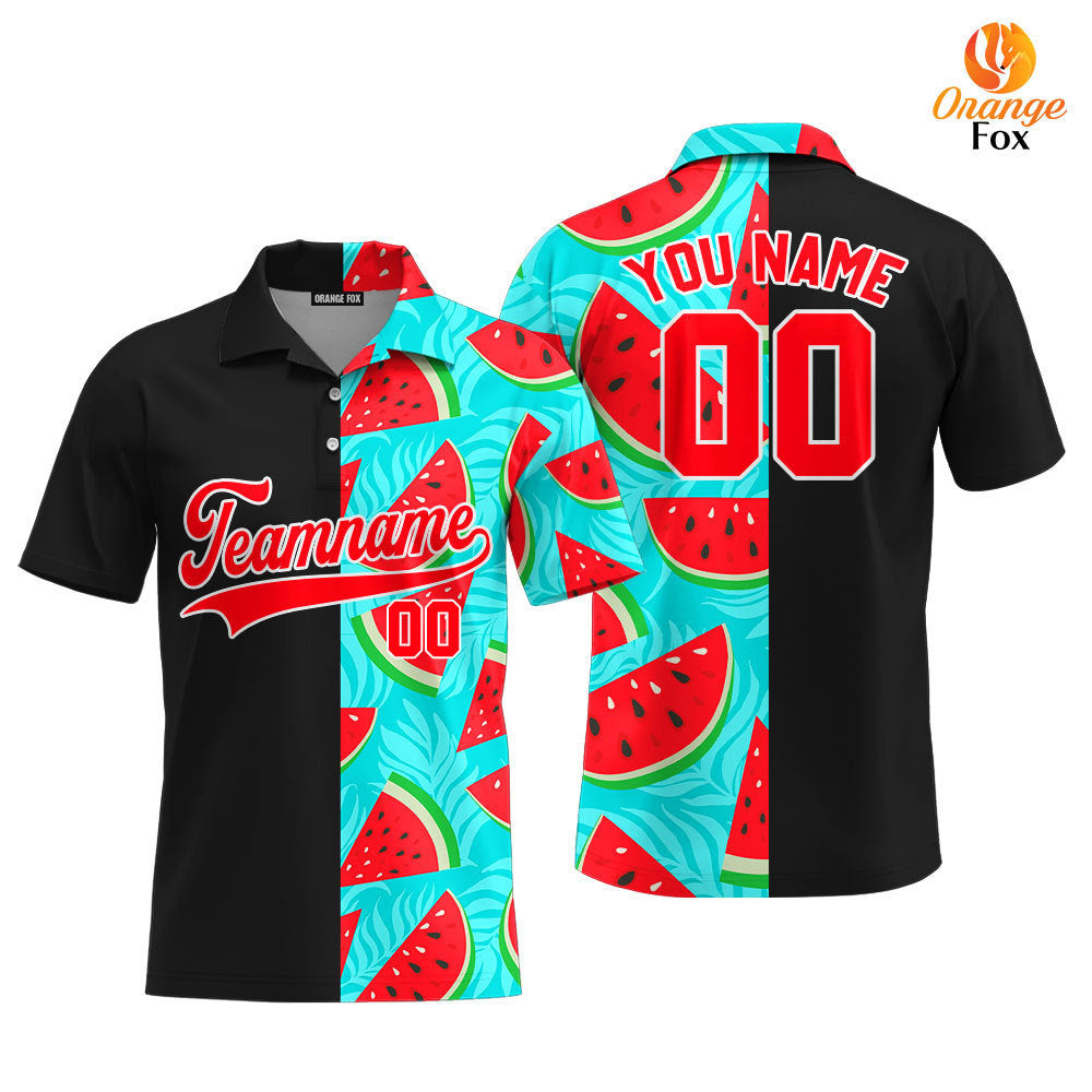 Custom Watermelon Black Red-White Split Fashion Custom Polo Shirt For Men