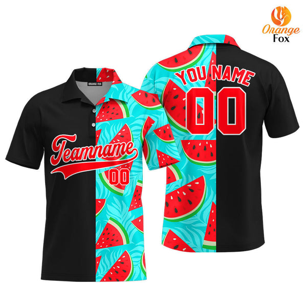 Custom Watermelon Black Red-White Split Fashion Custom Polo Shirt For Men