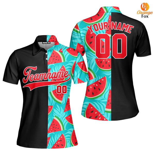 Custom Watermelon Black Red-White Split Fashion Custom Polo Shirt For Women