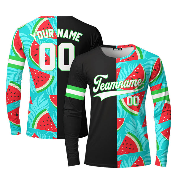 Custom Watermelon Black White-Green Split Fashion Custom Long Sleeve T-Shirt For Men & Women