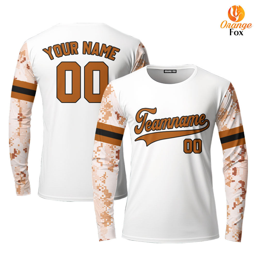 Custom White Camo Raglan Brown Black Custom Long Sleeve T-Shirt For Men & Women