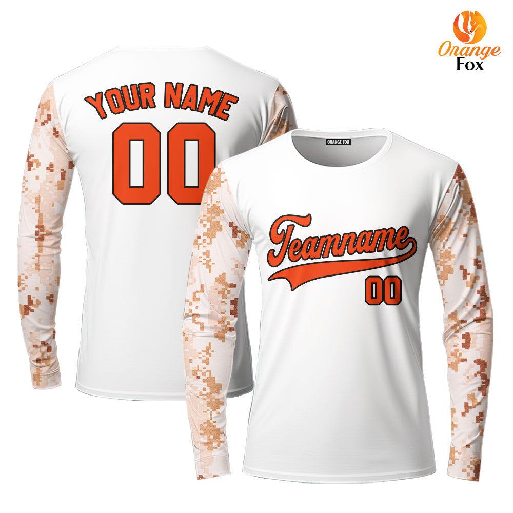 Custom White Camo Raglan Orange Black Custom Long Sleeve T-Shirt For Men & Women