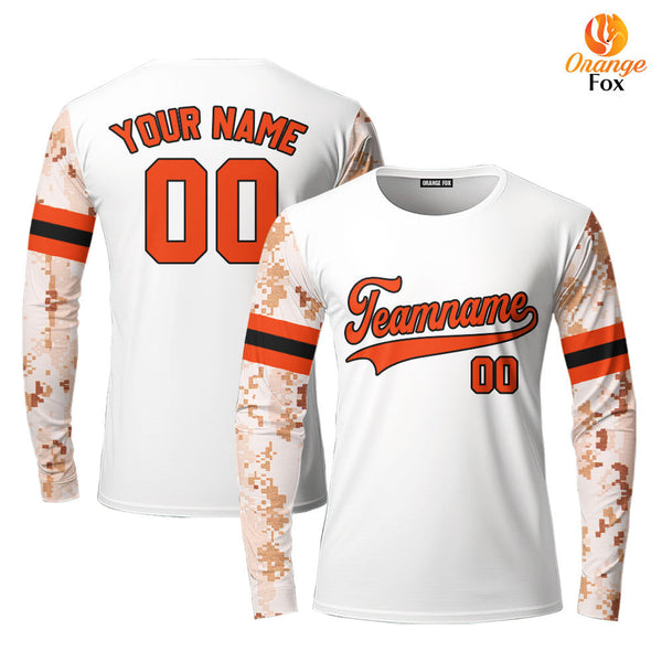 Custom White Camo Raglan Orange Black Custom Long Sleeve T-Shirt For Men & Women