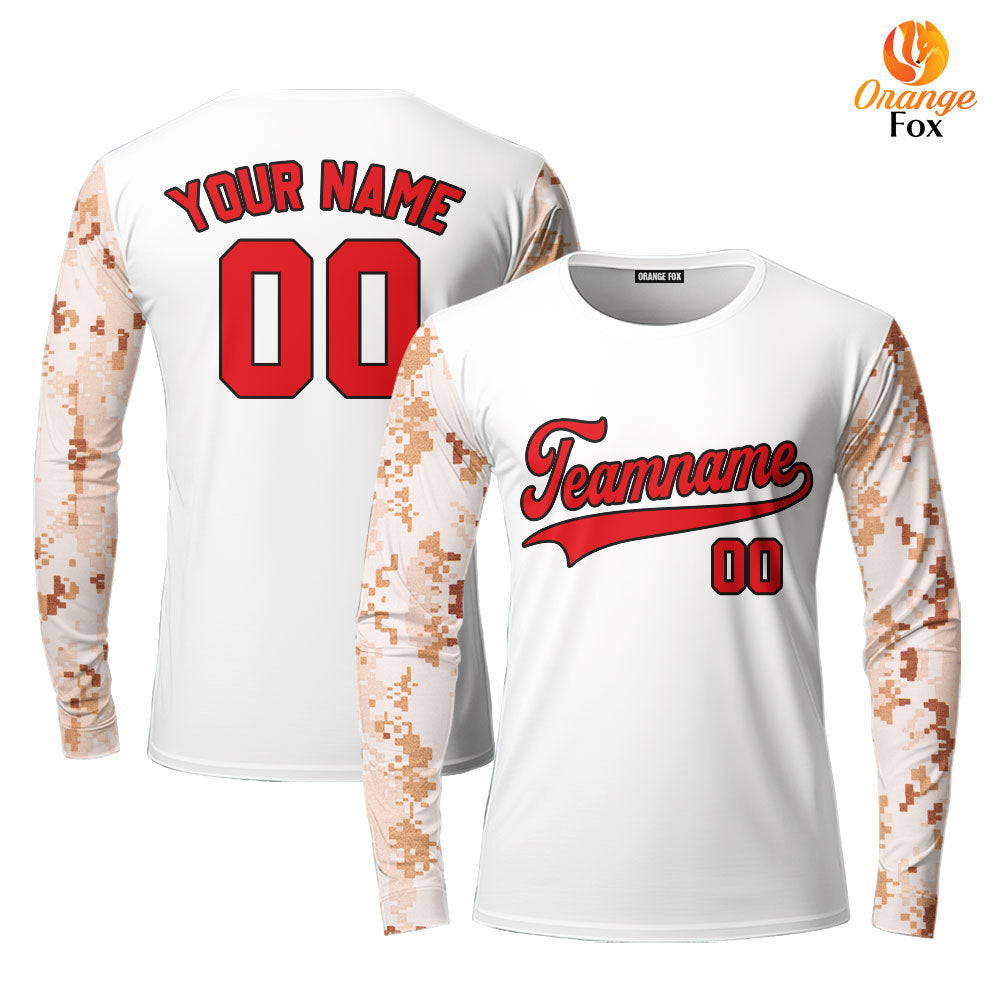 Custom White Camo Raglan Red Black Custom Long Sleeve T-Shirt For Men & Women