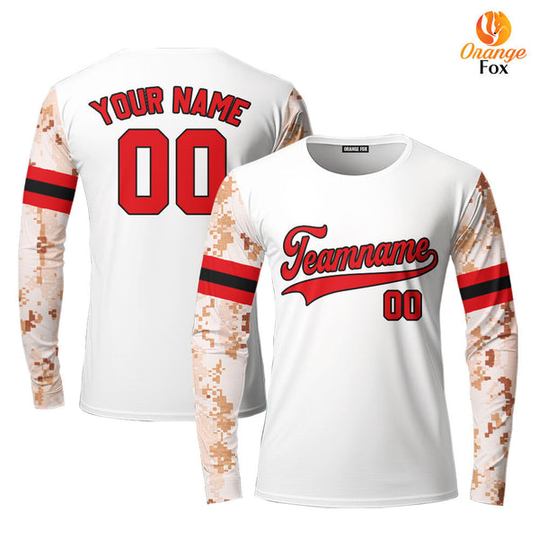 Custom White Camo Raglan Red Black Custom Long Sleeve T-Shirt For Men & Women