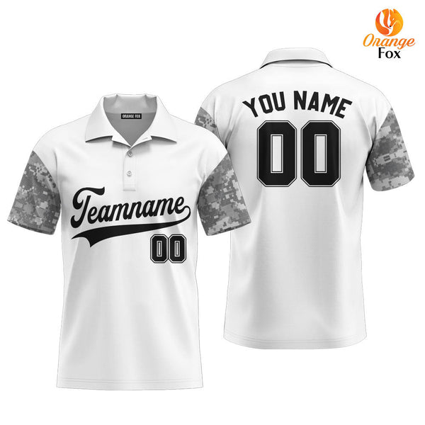 Custom White Grey Camo Raglan Black Custom Polo Shirt For Men