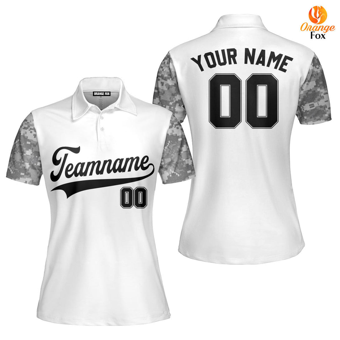 Custom White Grey Camo Raglan Black Custom Polo Shirt For Women