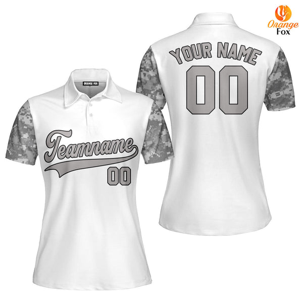 Custom White Grey Camo Raglan Grey Black Custom Polo Shirt For Women