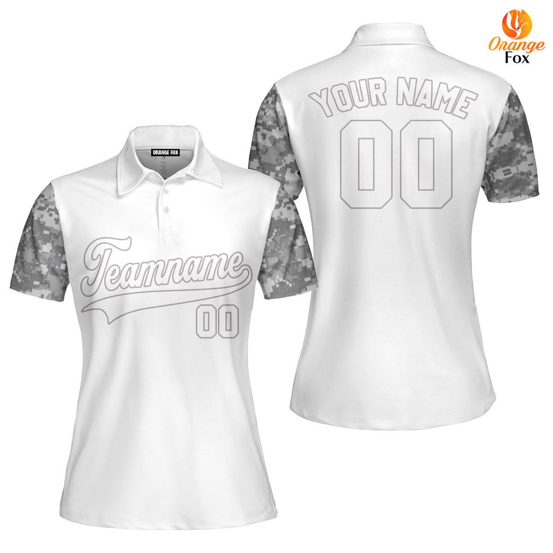 Custom White Grey Camo Raglan White Grey Custom Polo Shirt For Women