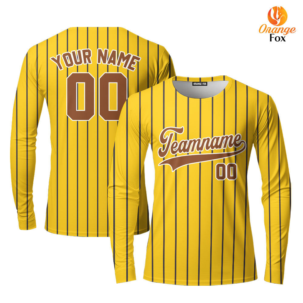 Custom Yellow Brown Pinstripe White Brown Custom Long Sleeve T-Shirt For Men & Women