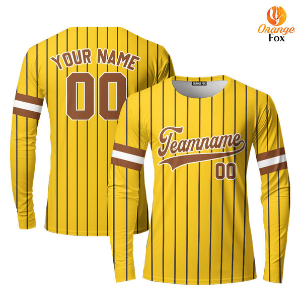 Custom Yellow Brown Pinstripe White Brown Custom Long Sleeve T-Shirt For Men & Women