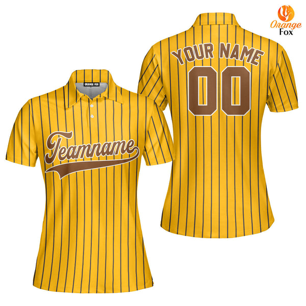 Custom Yellow Brown Pinstripe White Brown Custom Polo Shirt For Women