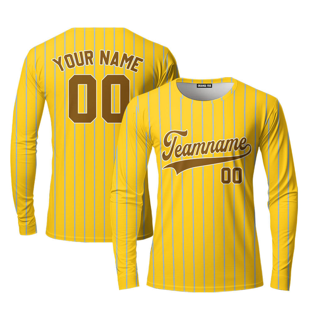 Custom Yellow Light Blue Pinstripe Brown White Custom Long Sleeve T-Shirt For Men & Women