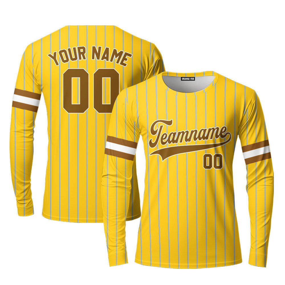 Custom Yellow Light Blue Pinstripe Brown White Custom Long Sleeve T-Shirt For Men & Women