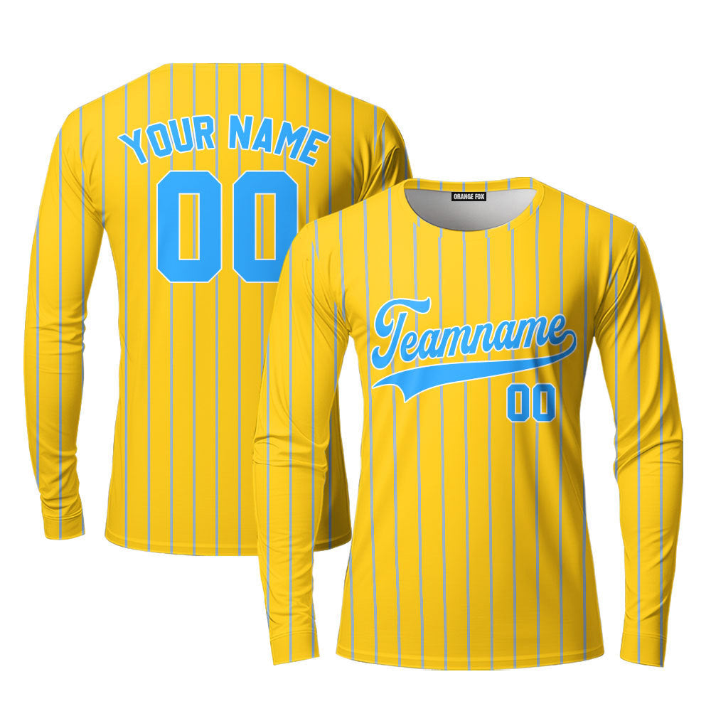 Custom Yellow Light Blue Pinstripe White Custom Long Sleeve T-Shirt For Men & Women