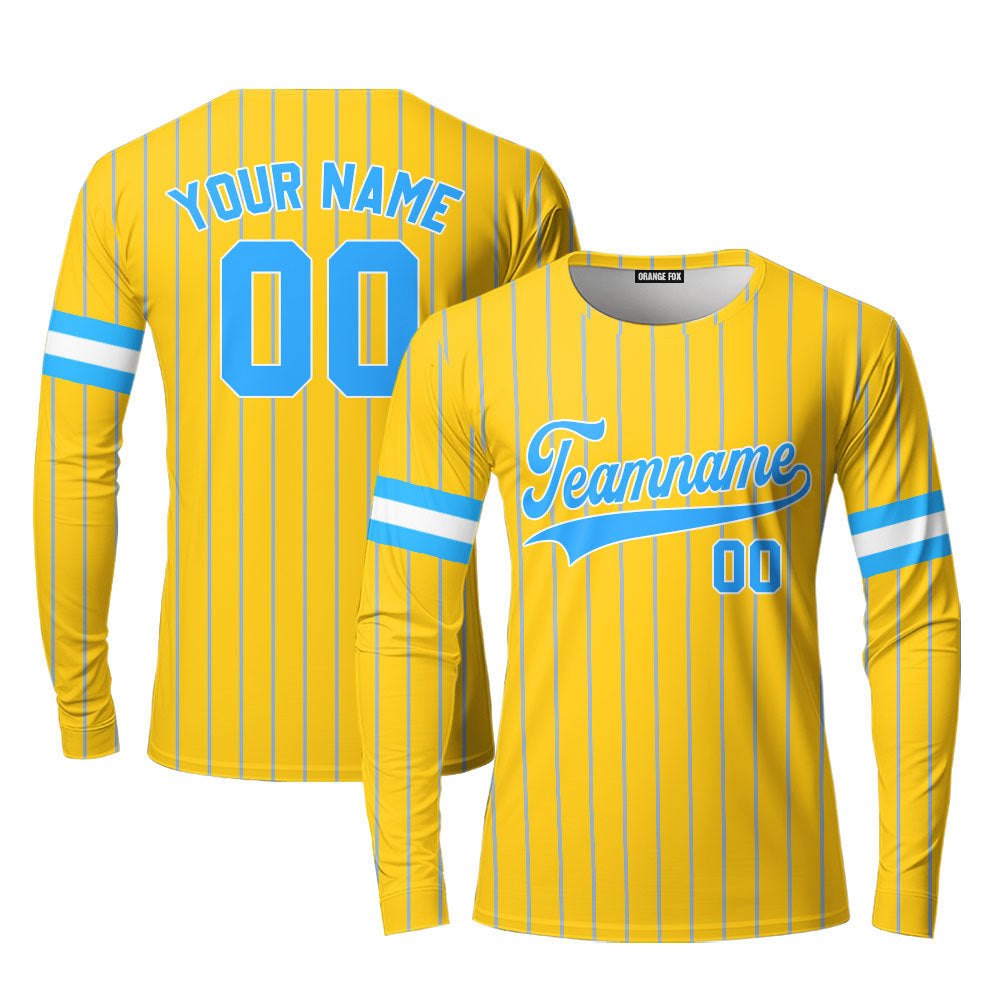 Custom Yellow Light Blue Pinstripe White Custom Long Sleeve T-Shirt For Men & Women