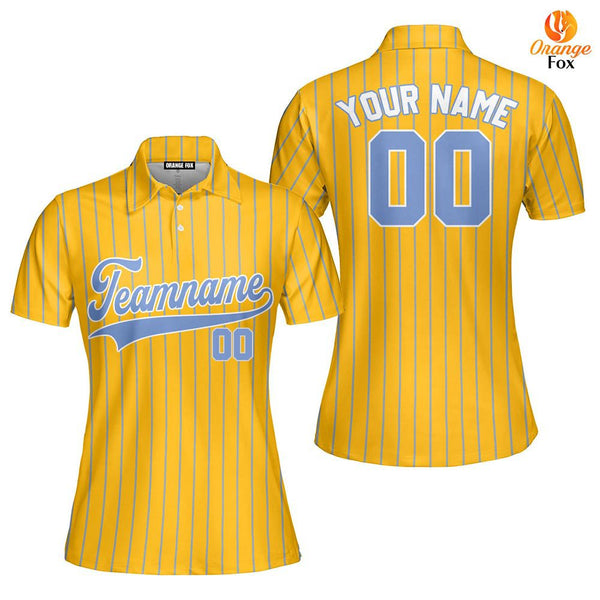 Custom Yellow Light Blue Pinstripe White Custom Polo Shirt For Women