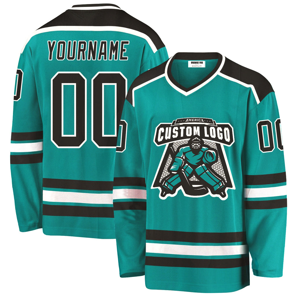 Custom Aqua Black-White V Neck Hockey Jersey For Men & Women