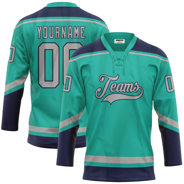 Custom Aqua Gray-Navy Lace Neck Hockey Jersey