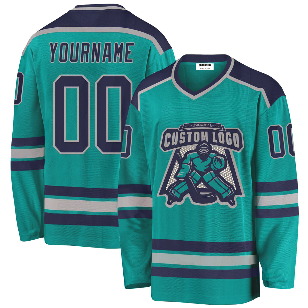 Custom Aqua Navy-Gray V Neck Hockey Jersey For Men & Women