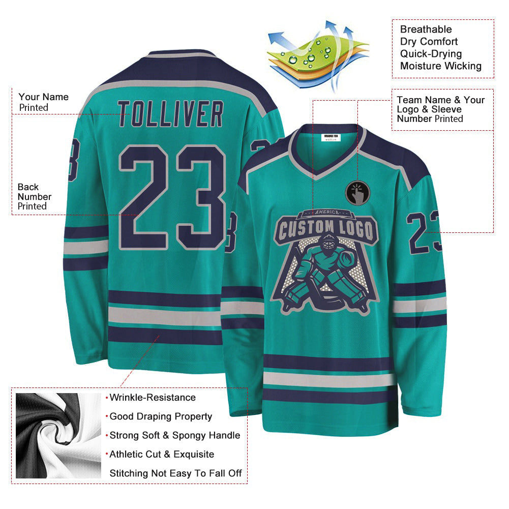 Custom Aqua Navy-Gray V Neck Hockey Jersey For Men & Women