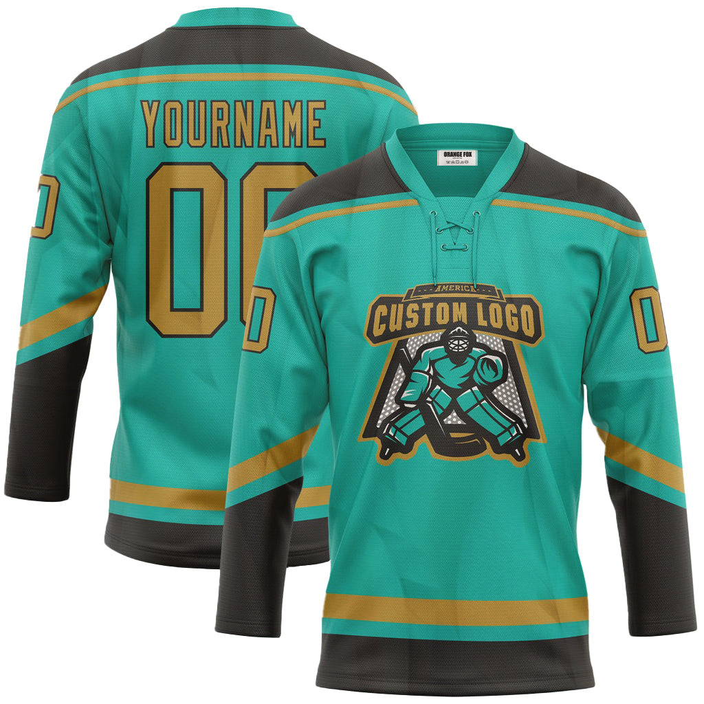 Custom Aqua Old Gold-Black Lace Neck Hockey Jersey For Men & Women