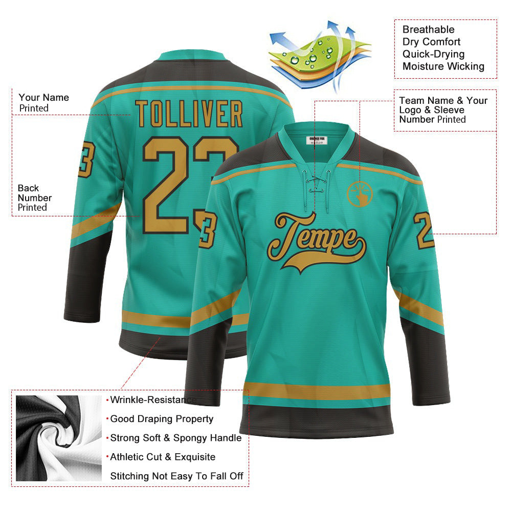 Custom Aqua Old Gold-Black Lace Neck Hockey Jersey For Men & Women