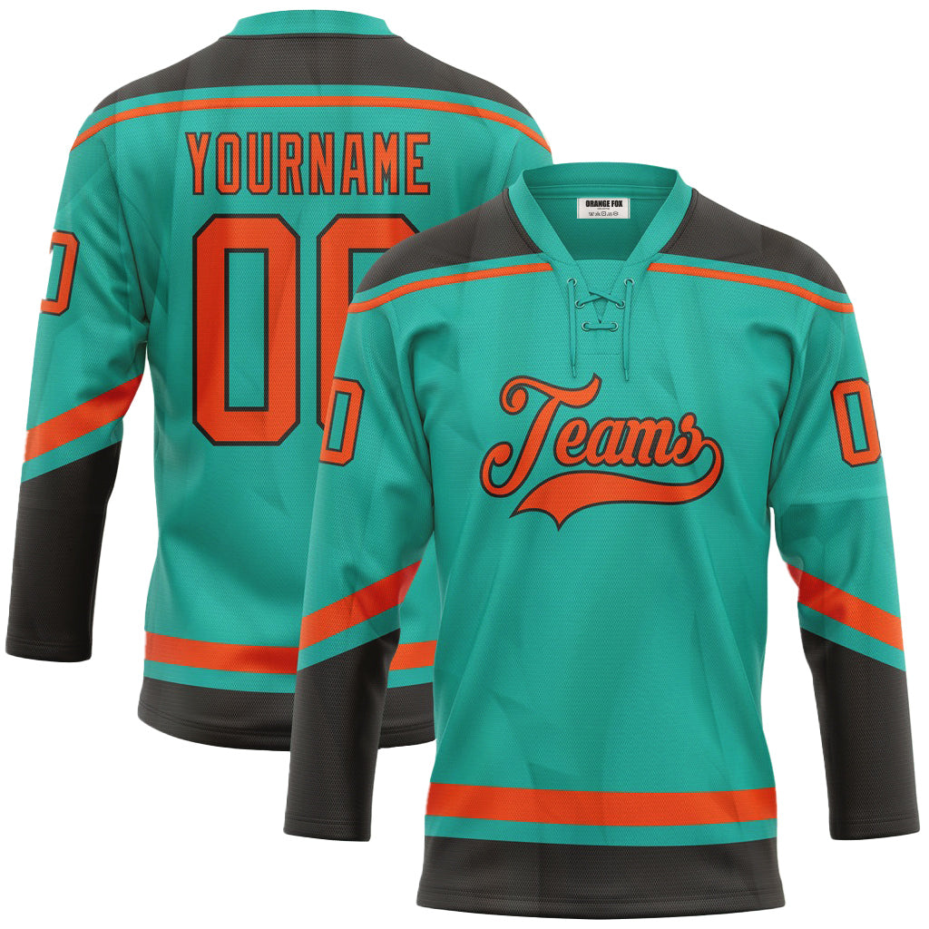 Custom Aqua Orange-Black Lace Neck Hockey Jersey For Men & Women