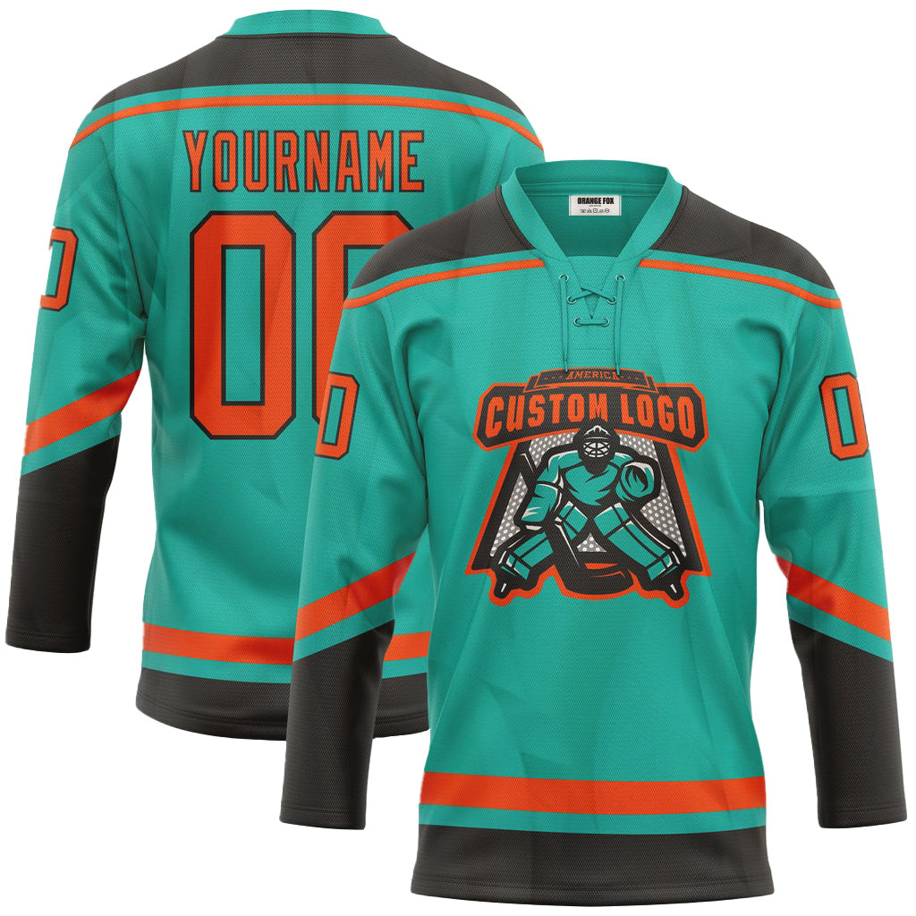 Custom Aqua Orange-Black Lace Neck Hockey Jersey For Men & Women