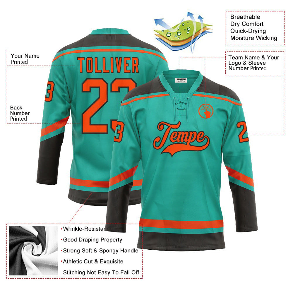 Custom Aqua Orange-Black Lace Neck Hockey Jersey For Men & Women