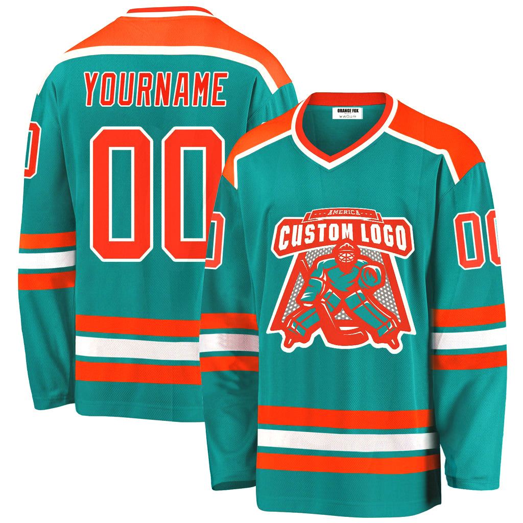 Custom Aqua Orange-White V Neck Hockey Jersey For Men & Women