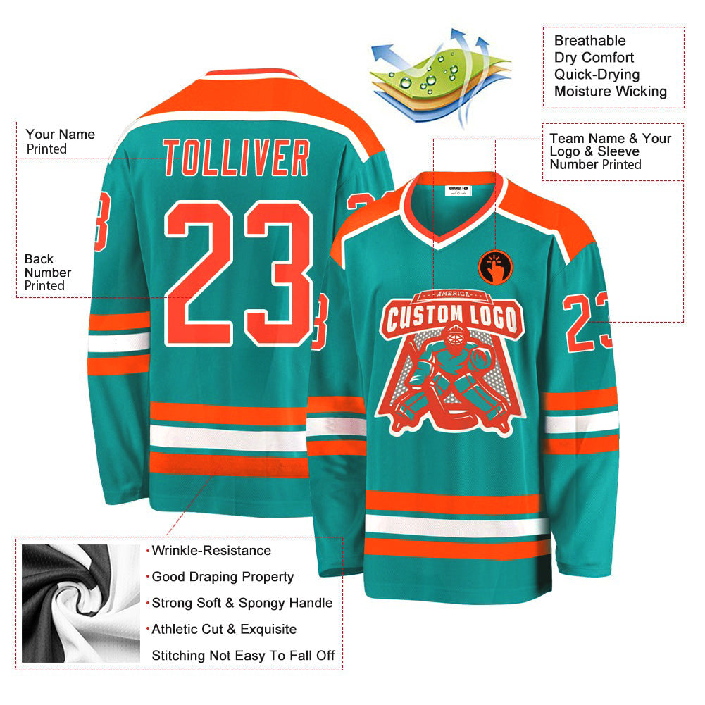 Custom Aqua Orange-White V Neck Hockey Jersey For Men & Women