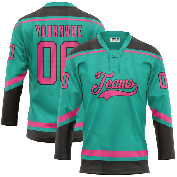 Custom Aqua Pink-Black Lace Neck Hockey Jersey For Men & Women