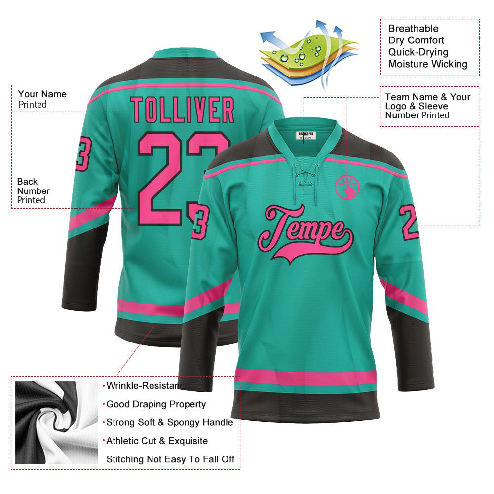 Custom Aqua Pink-Black Lace Neck Hockey Jersey For Men & Women