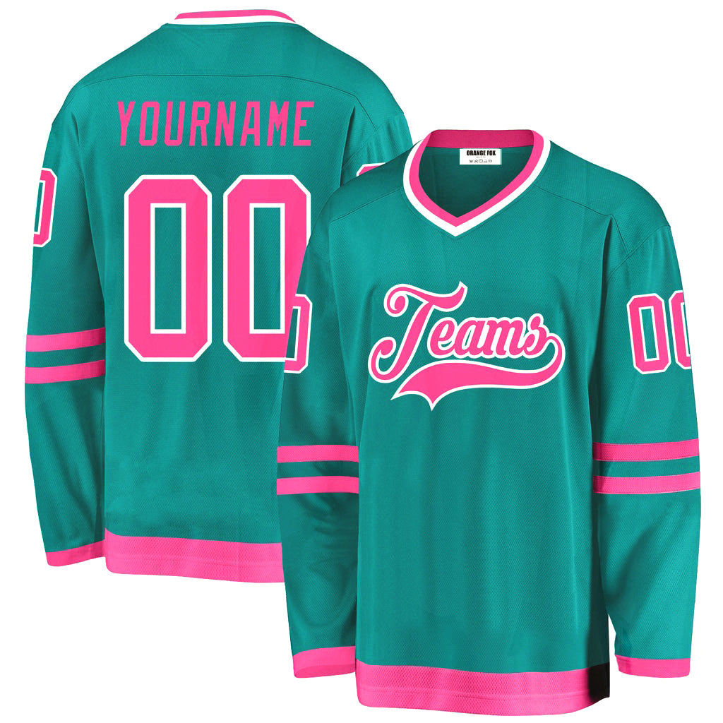 Custom Aqua Pink-White V Neck Hockey Jersey For Men & Women