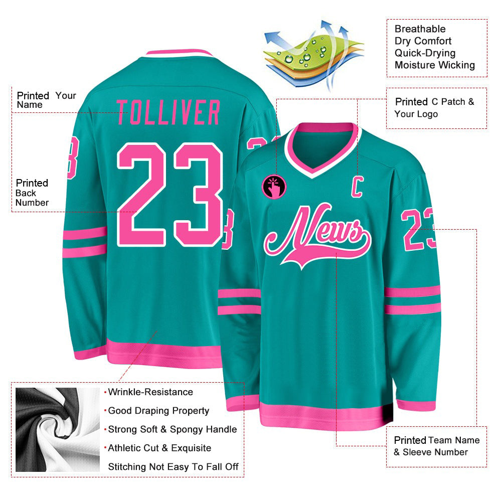 Custom Aqua Pink-White V Neck Hockey Jersey For Men & Women