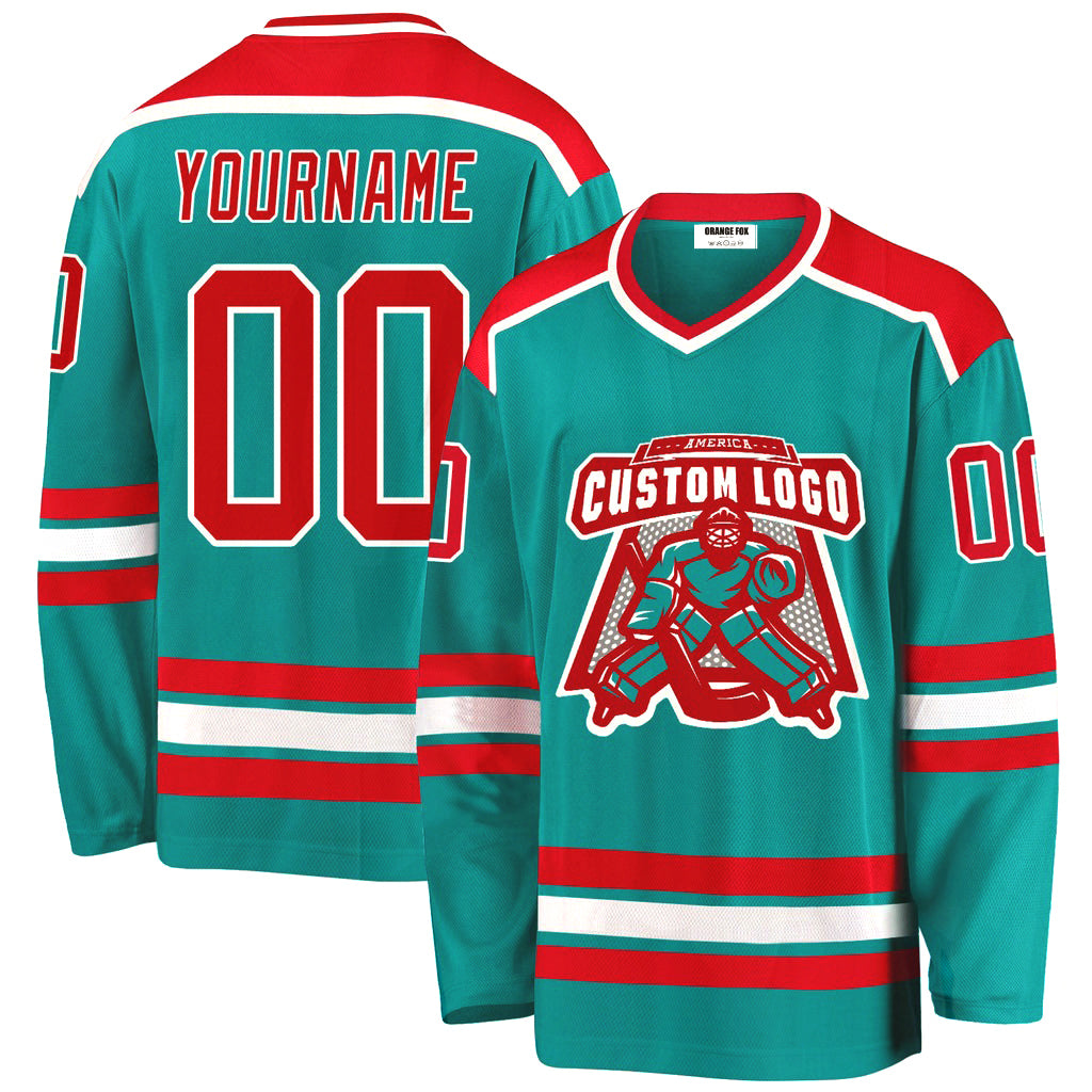 Custom Aqua Red-White V Neck Hockey Jersey For Men & Women