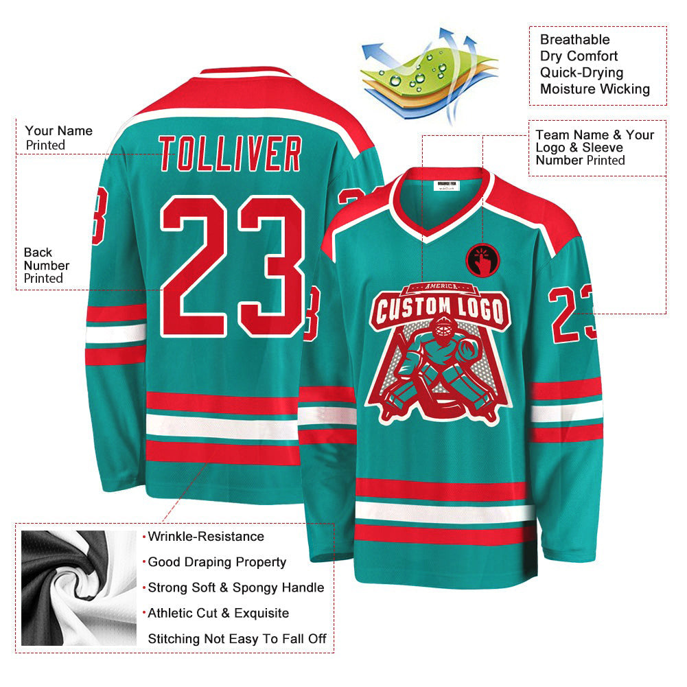 Custom Aqua Red-White V Neck Hockey Jersey For Men & Women