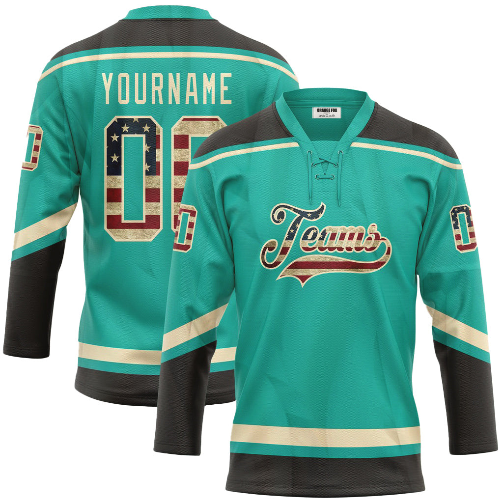 Custom Aqua Vintage USA Flag Black-Cream Lace Neck Hockey Jersey For Men & Women