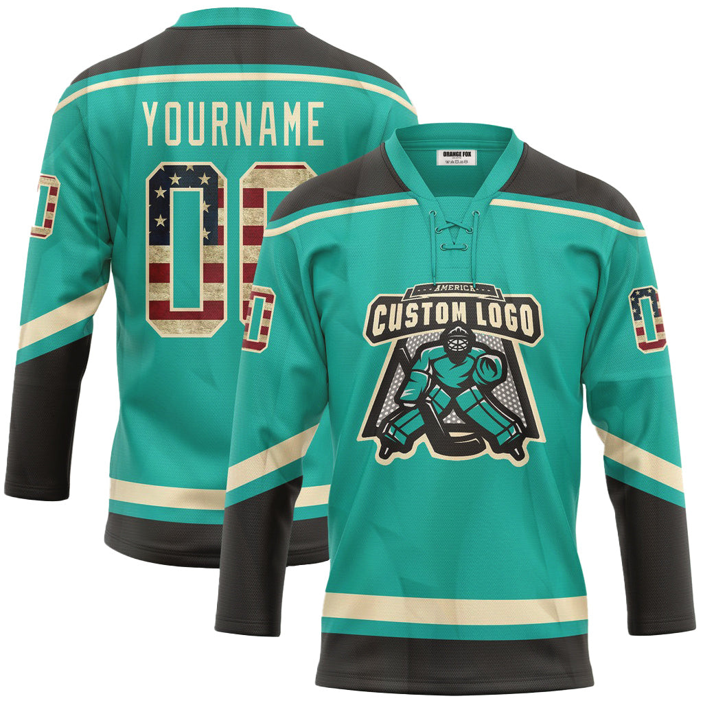 Custom Aqua Vintage USA Flag Black-Cream Lace Neck Hockey Jersey For Men & Women